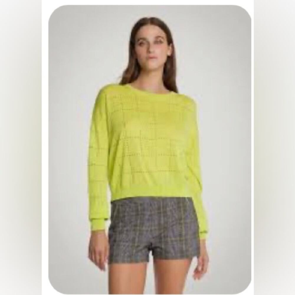 Wolford lime green virgin wool lightweight sweater geometric grid pattern M
